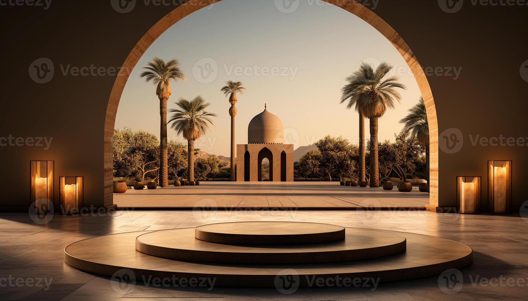 ai generado un redondo podio debajo un arco con palma arboles y un mezquita en el antecedentes foto