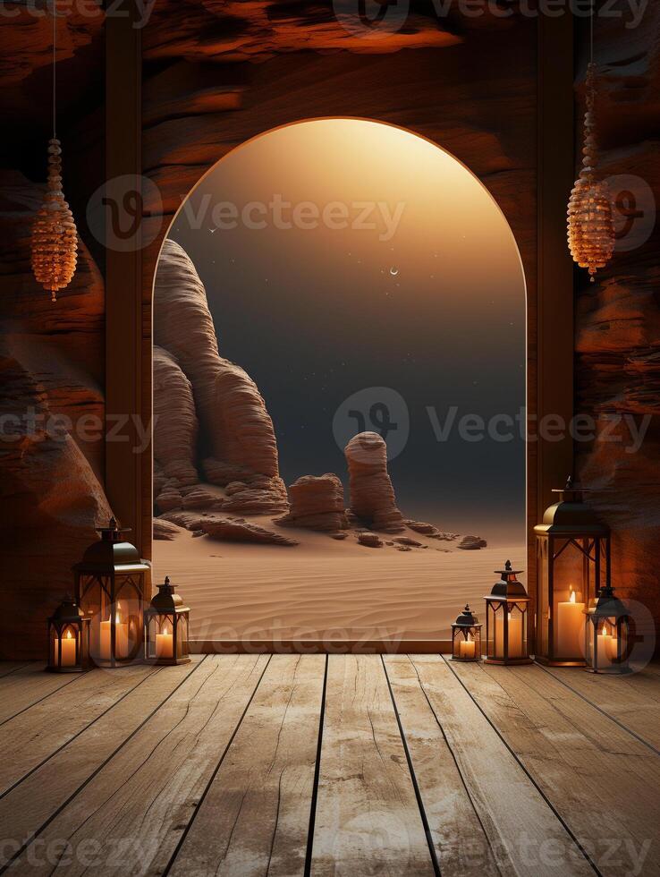 AI generated an interior with a desert landscape through the Islamic  archway with oil lamp as decoration photo