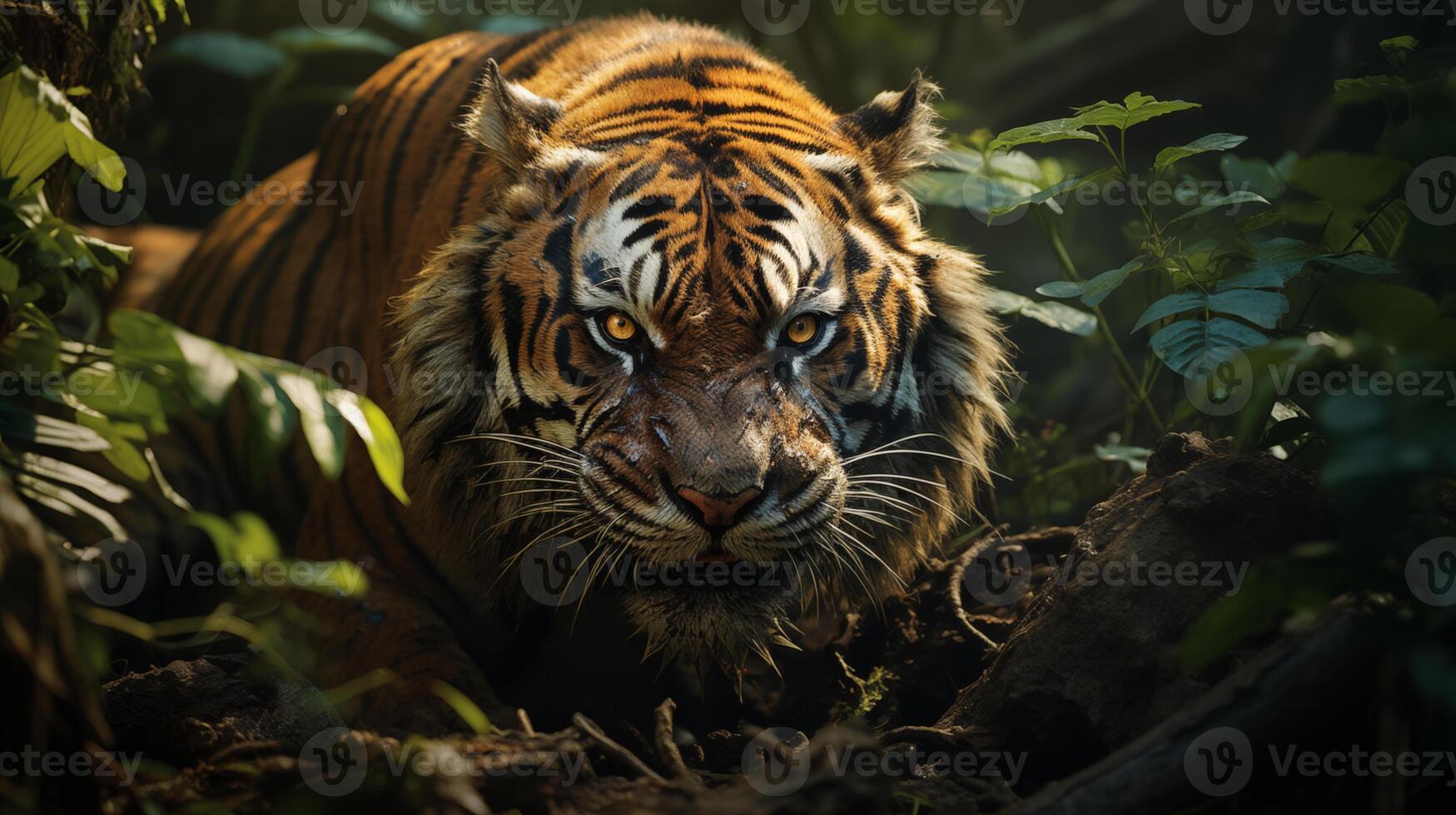 AI generated Sumatra tiger with yellow eyes stalking prey, vegetation in tropical indonesian rainforest background, cinematic shoot, ultrareal, morning light photo