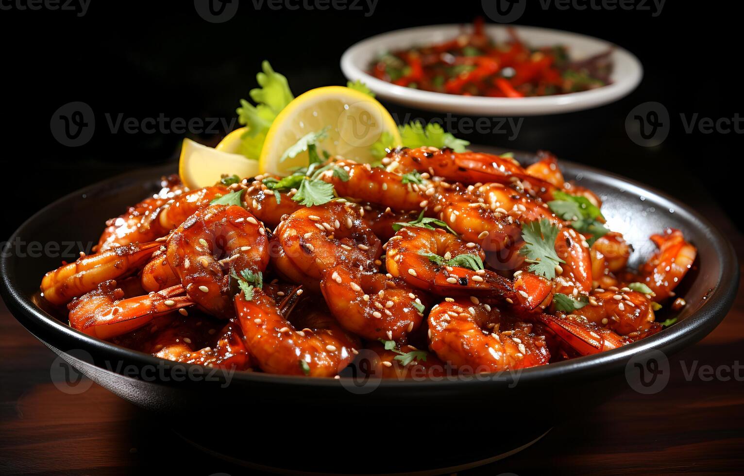 AI generated Beautiful view of spicy delicious fried prawns on a plate photo