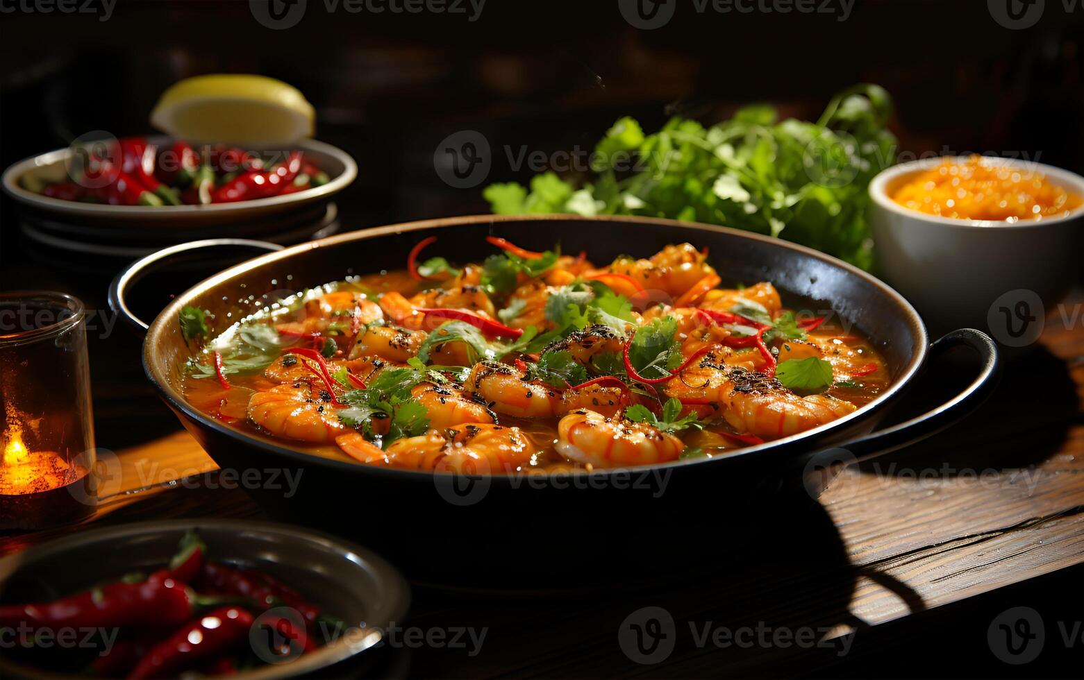 AI generated Spicy delicious food shrimp soup on a plate on a table photo