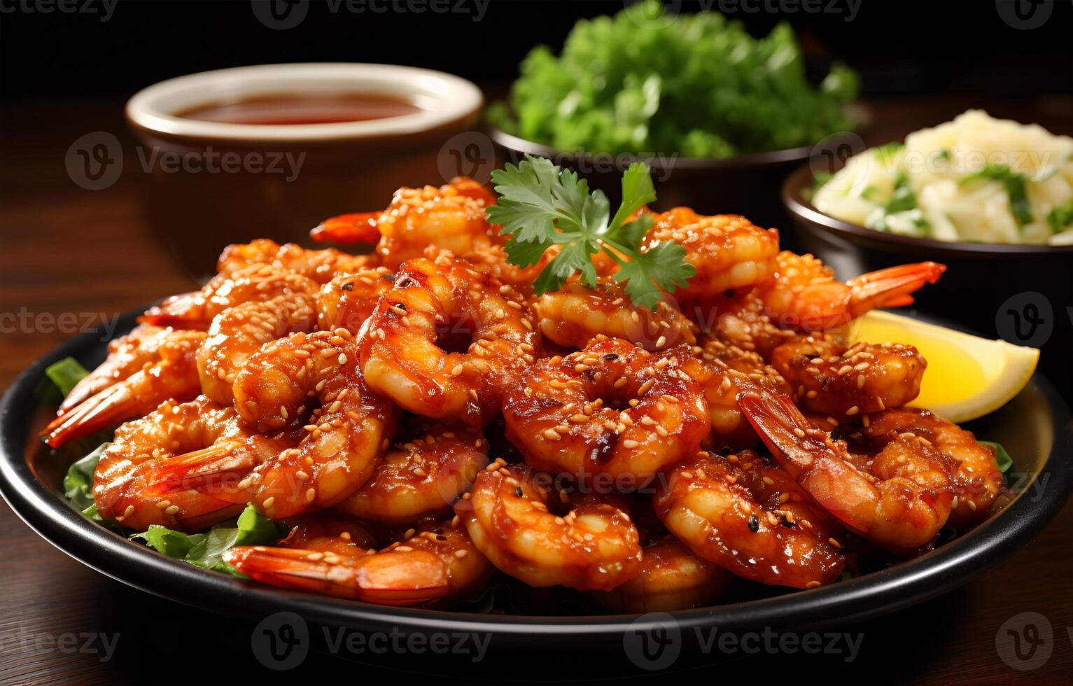 AI generated Beautiful view of spicy delicious fried prawns on a plate photo