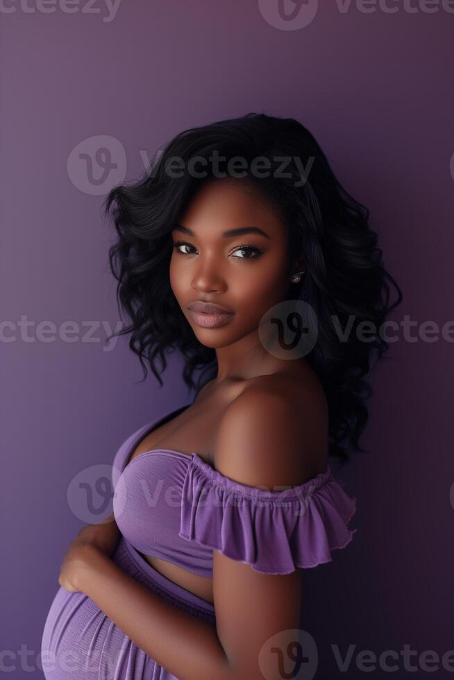 AI generated studio photo portrait of beautiful dark skin african american pregnant woman on colour background