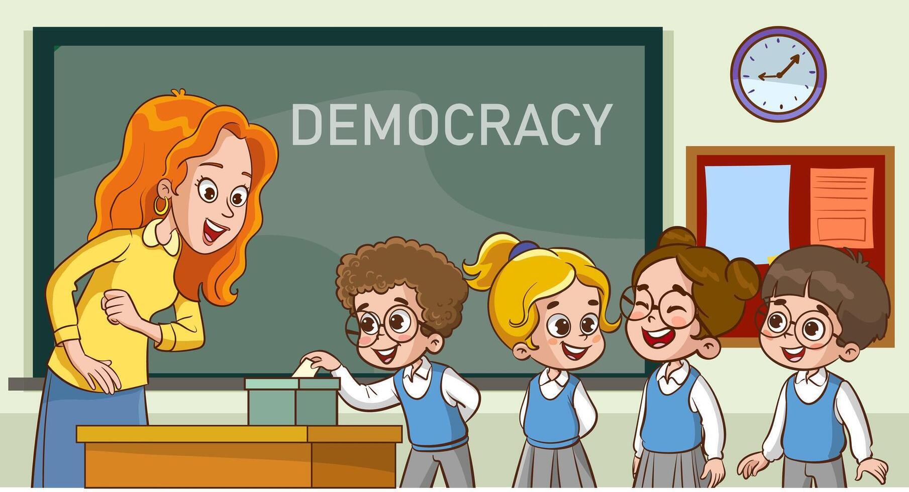 estudiantes quien votar en clase ganancia conciencia de democracia.niños votación a el votación caja.vector ilustración. vector