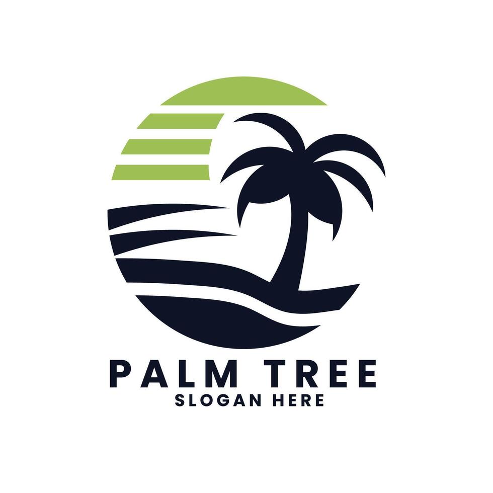 Sunset sea ocean beach logo design.palm tree logo design vector.wave logo design.leaf tree logo design vector