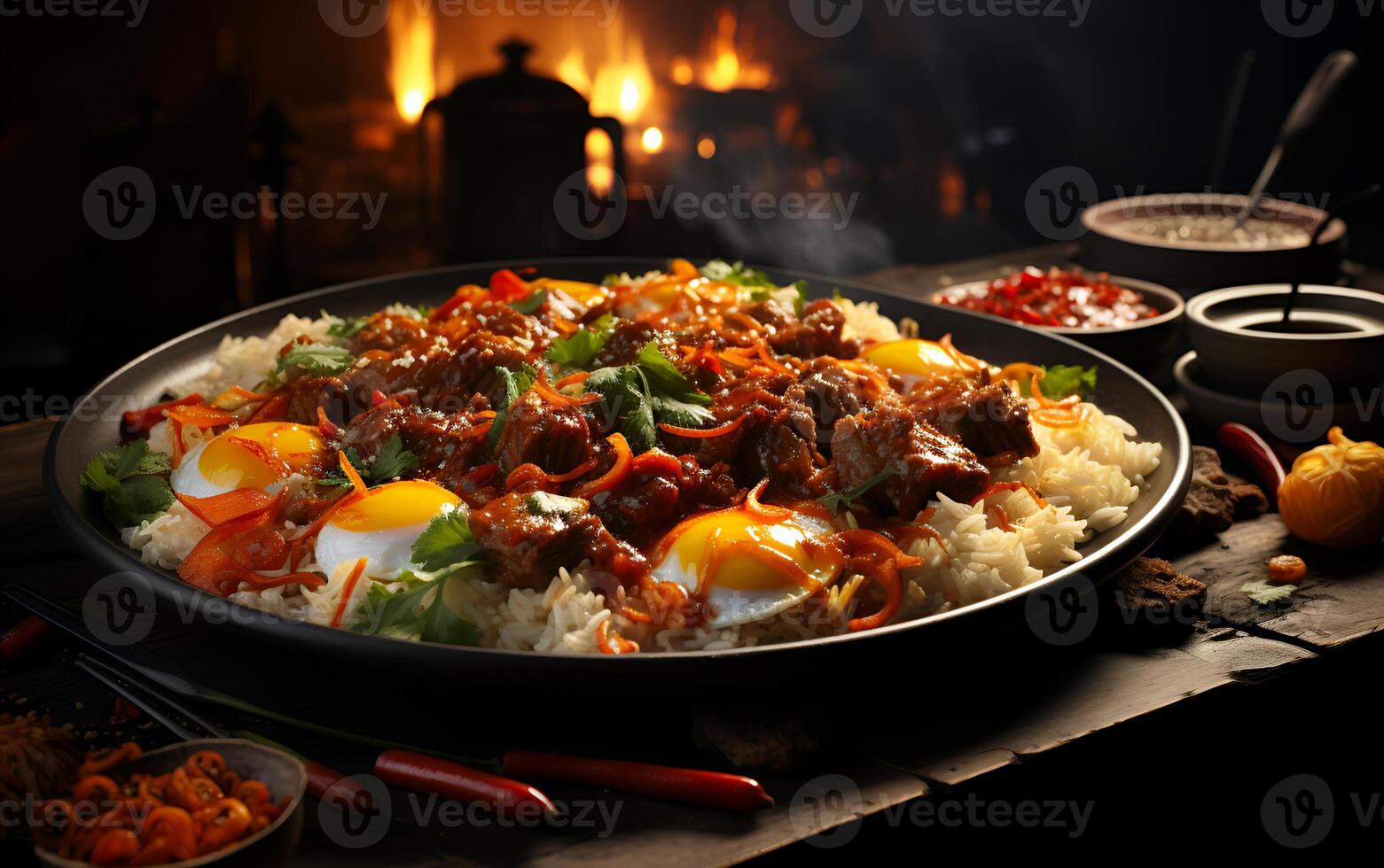 AI generated View of Beautiful delicious food meat noodle BBQ yum tum menu on a plate photo