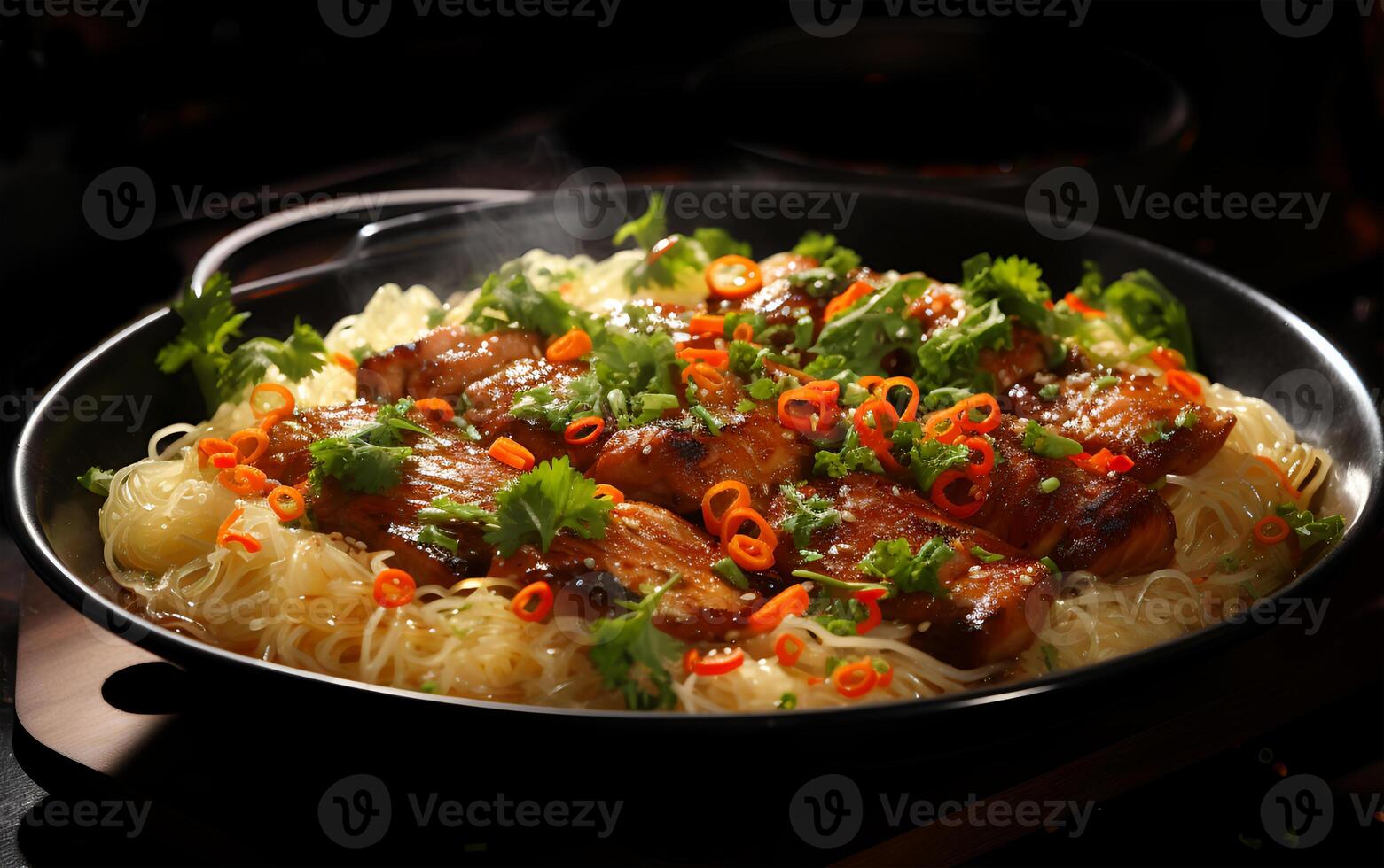 AI generated View of Beautiful delicious food meat noodle BBQ yum tum menu on a plate photo