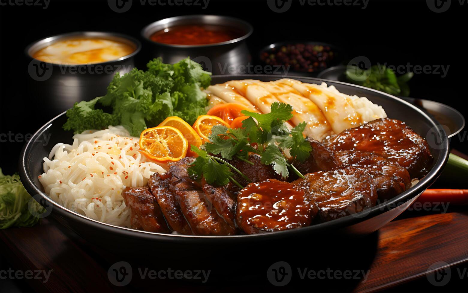 AI generated View of Beautiful delicious food meat noodle BBQ yum tum menu on a plate photo
