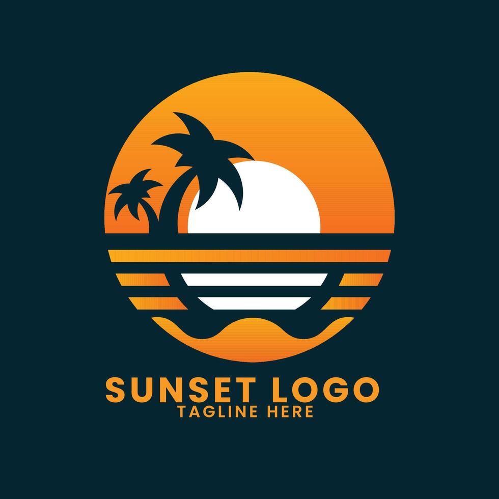 Sunset sea ocean beach logo design.palm tree logo design vector.wave logo design.leaf tree logo design vector