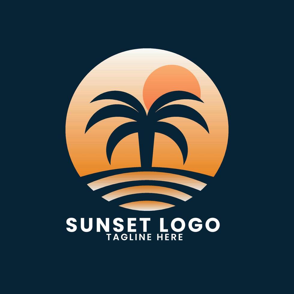 Sunset sea ocean beach logo design.palm tree logo design vector.wave logo design.leaf tree logo design vector