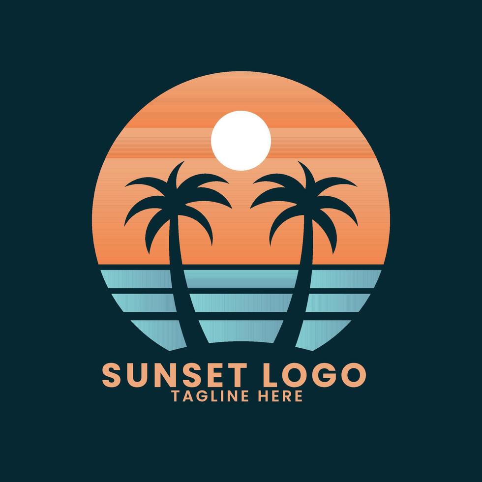 Sunset sea ocean beach logo design.palm tree logo design vector.wave logo design.leaf tree logo design vector