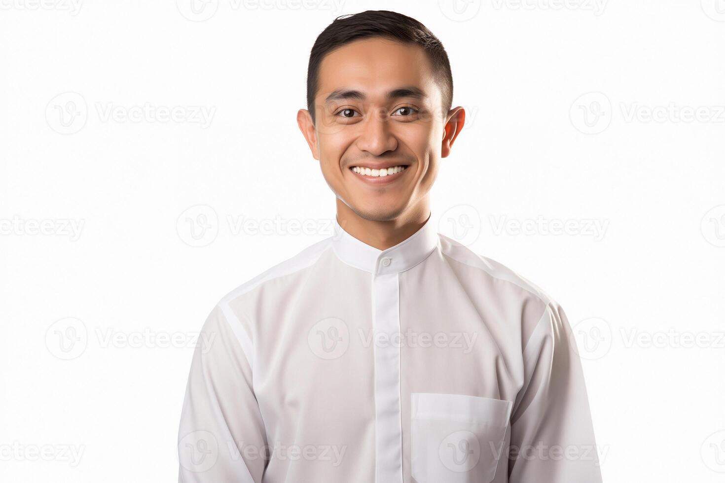 AI generated Youthful Muslim man standing on a white background, adorned with traditional Balinese motifs in a happycore style, captured with the vibrant energy of Provia film photo