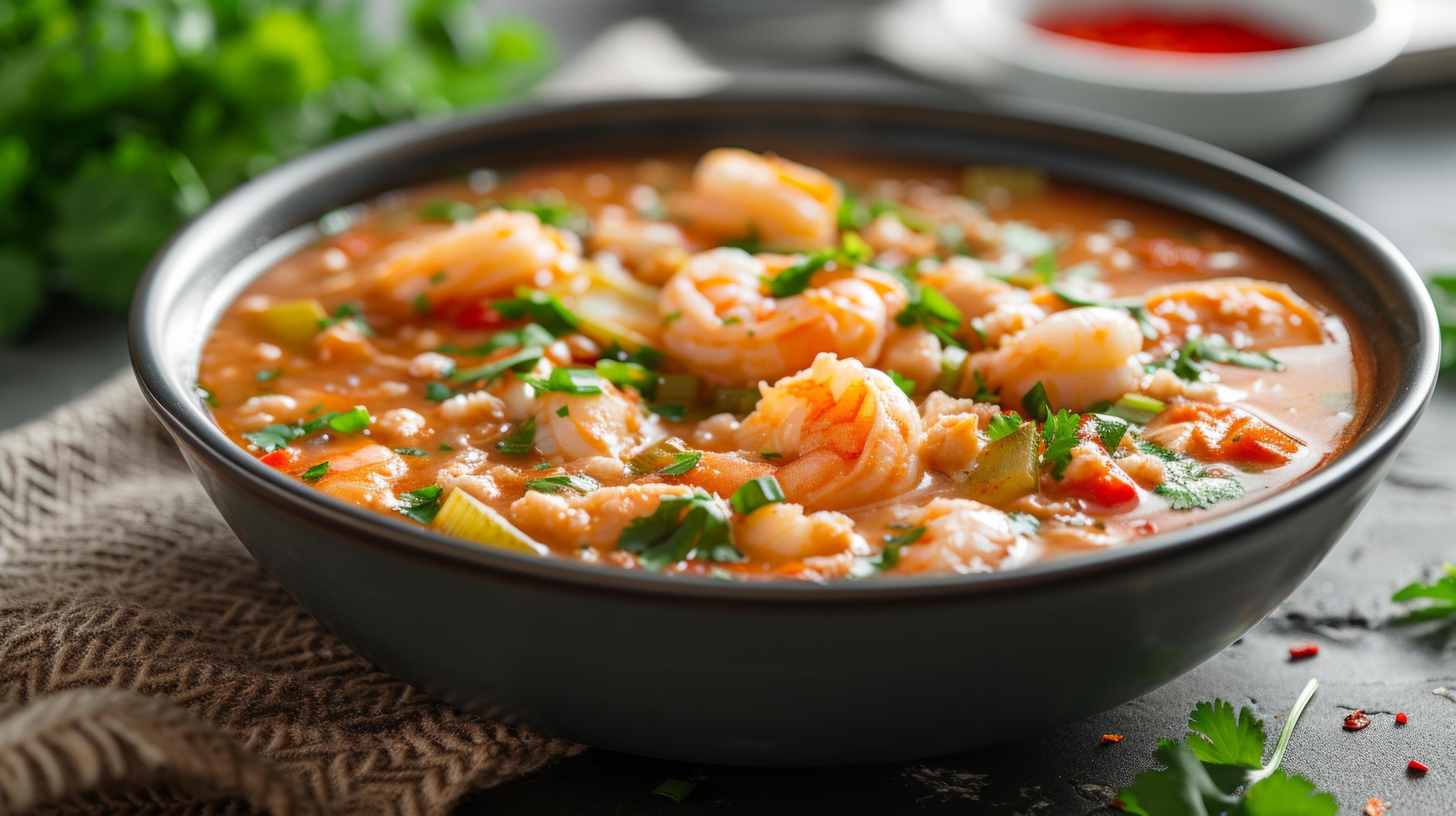 AI generated A bowl of seafood gumbo, a Cajun delight, with shrimp 