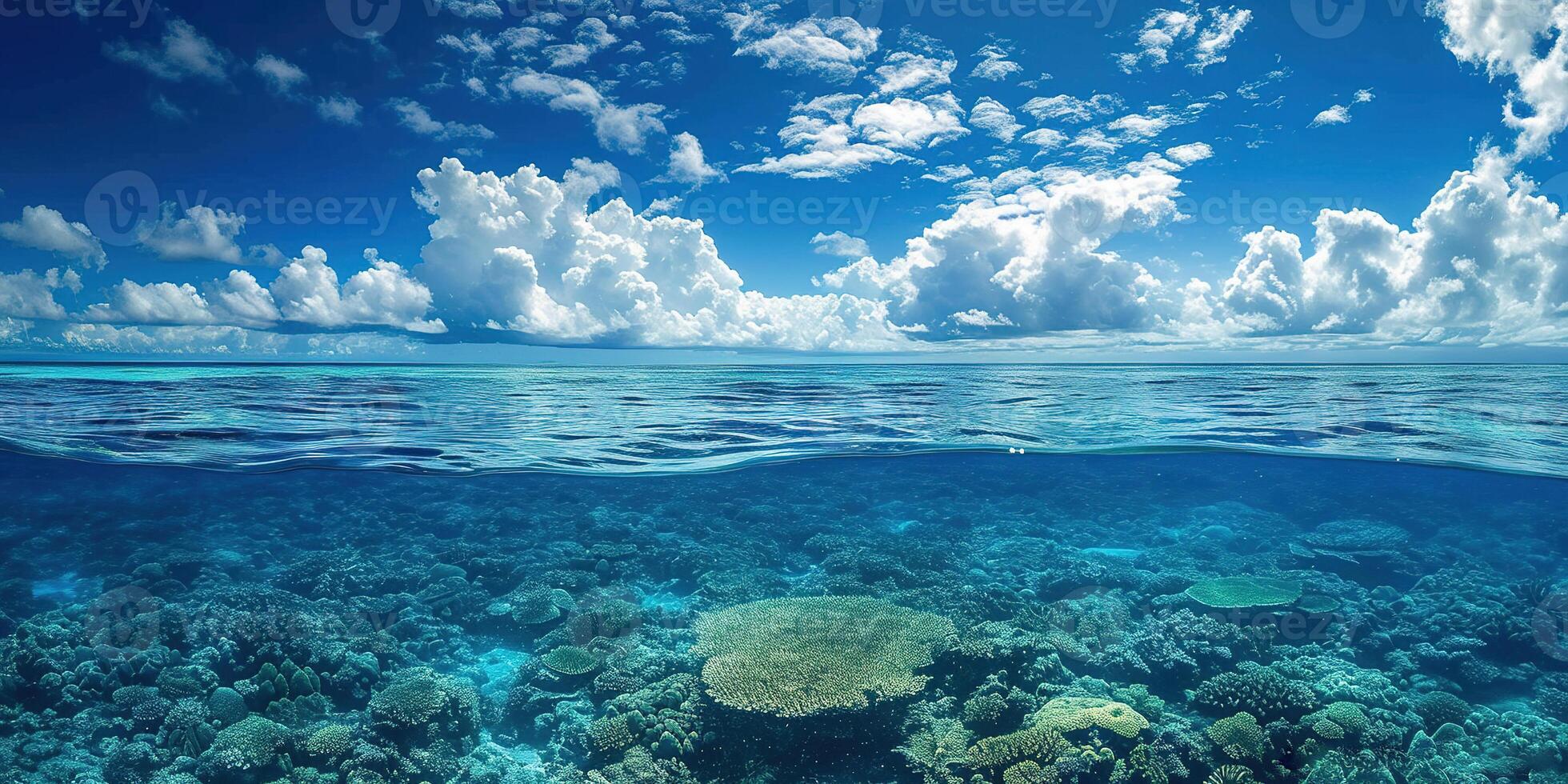 AI generated Great Barrier Reef on the coast of Queensland, Australia seascape. Coral sea marine ecosystem underwater split view with a blue daylight sky wallpaper background photo