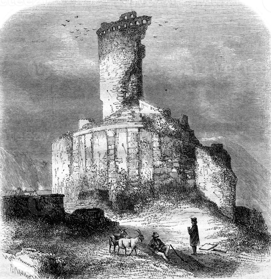 Ruins of the monument of Augustus, the tower of the Turbie, vintage engraving. photo