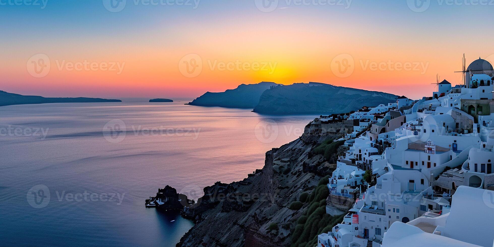 ai generado santorini thira isla en del Sur Egeo mar, Grecia puesta de sol. fira y oia pueblo con blanco casas con vista a acantilados, playas, y pequeño islas panorama antecedentes fondo de pantalla foto