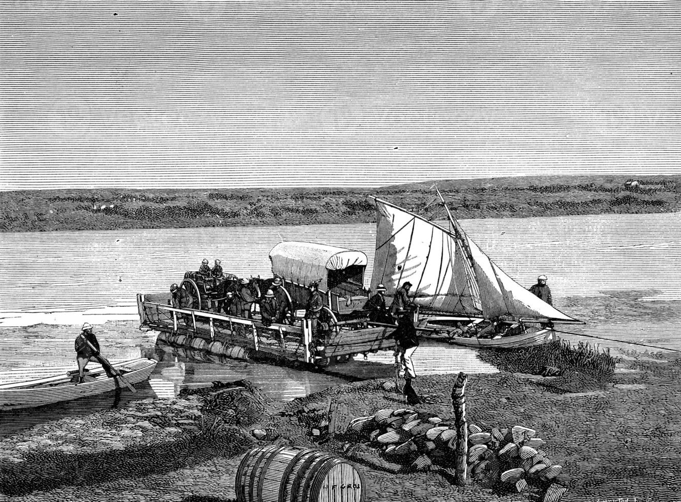 The Boers. Passing a tray in the Transvaal, vintage engraving. photo