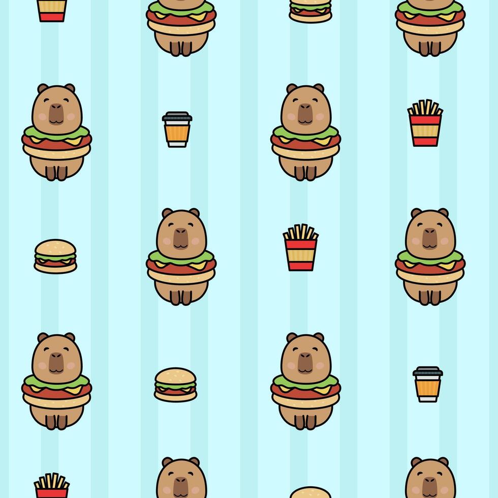 Vector seamless pattern with funny baby capybaras with fast food. Burger, fries and a drink