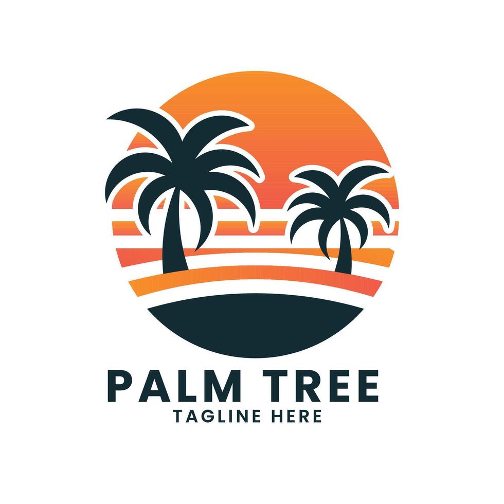 Sunset sea ocean beach logo design.palm tree logo design vector.wave logo design.leaf tree logo design vector