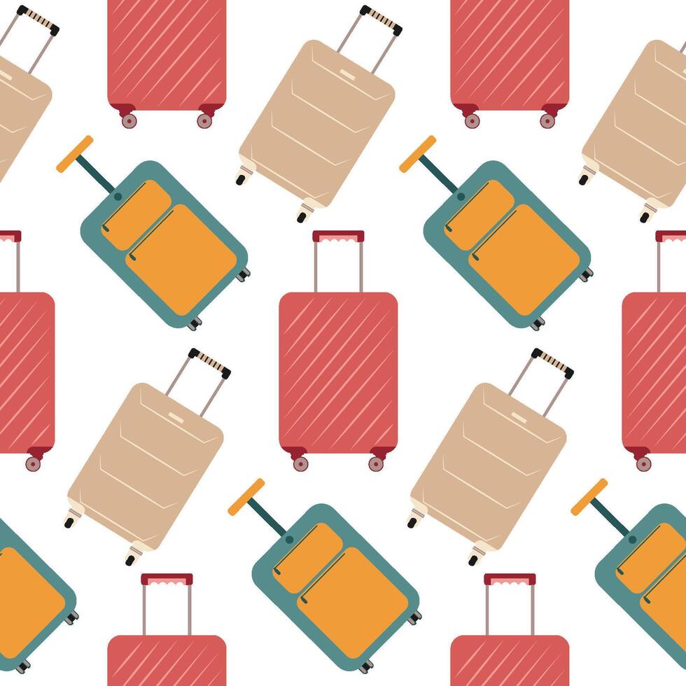 Seamless pattern with different travel cartoon plastic suitcases on wheels. Background with travel bag, case, trunk, valise. vector