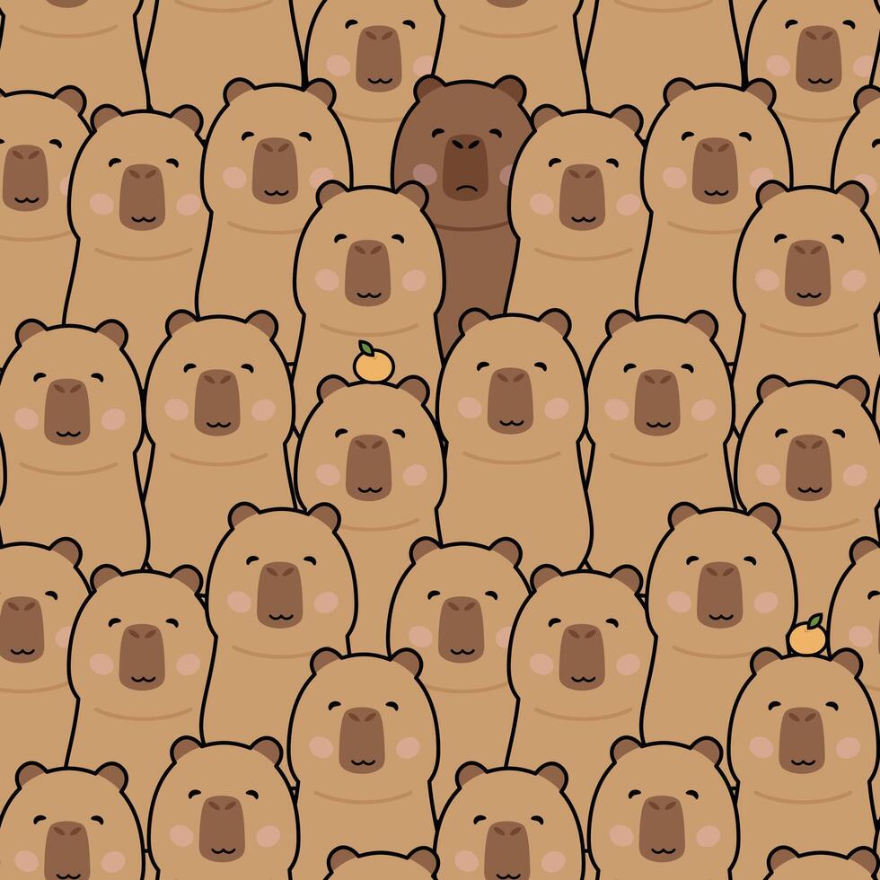 Funny cute capybaras with orange. Seamless pattern vector