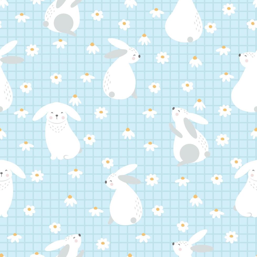 Seamless pattern with flower and white bunny, vector illustration