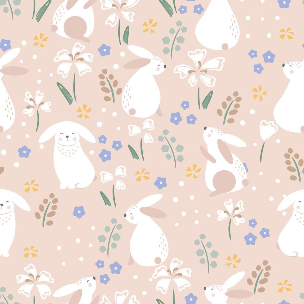 Lovely bunny with flowers. Seamless rabbit pattern vector