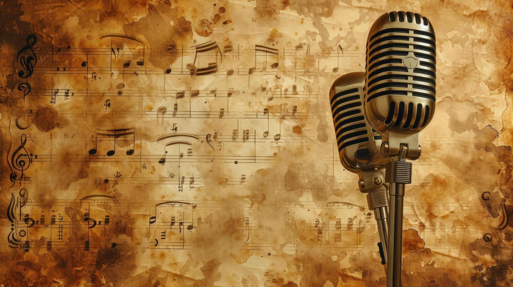 AI generated Vintage Melodies. Retro microphones and music notes adorning a sepia-toned, photo