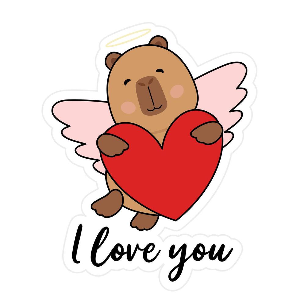 Cute capybara hug heart and fly, card valentines day vector