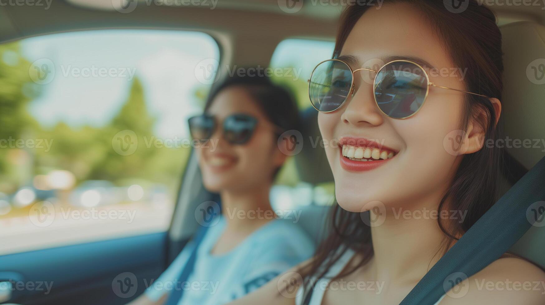 ai generado dos joven asiático mujer teniendo divertido canta un canción en el coche en un día viaje en el verano, mejor amigos conducción alrededor el campo foto