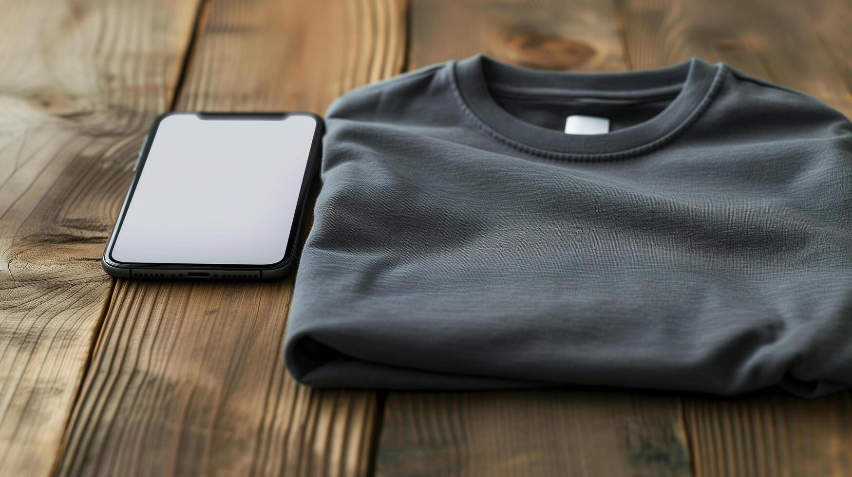 AI generated Top view of blank grey tshirt unisex mockup with empty screen smartphone for design template on wood background photo