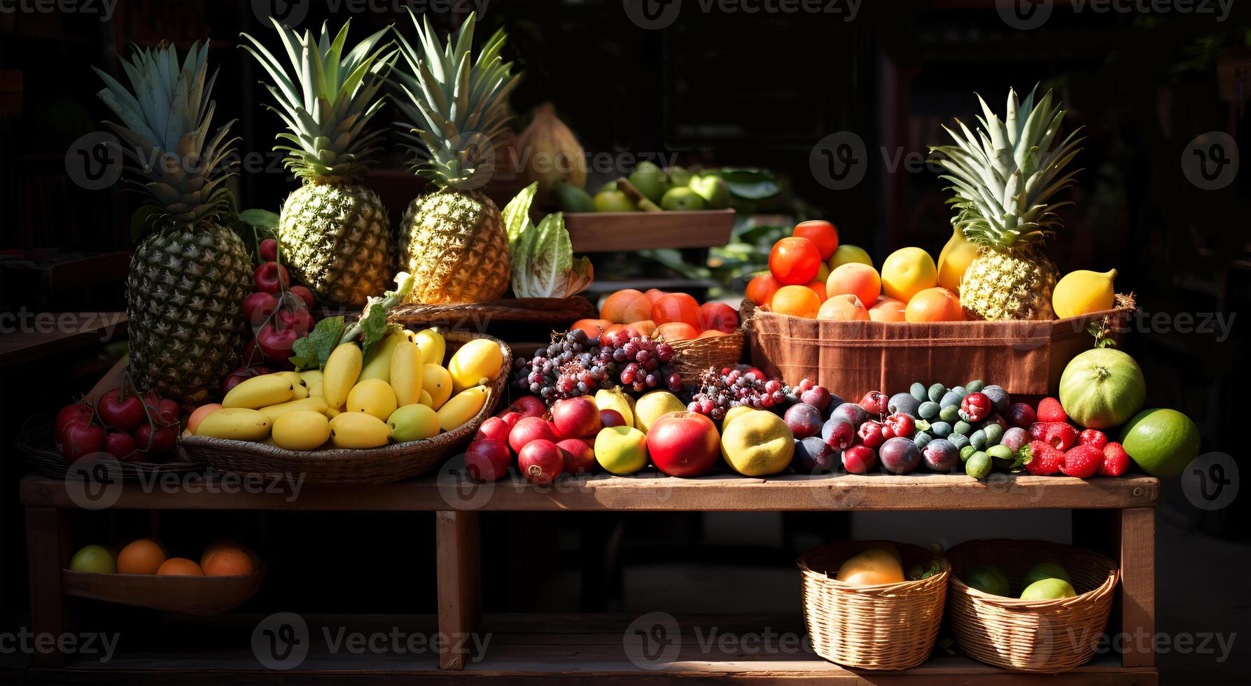 ai generado varios delicioso sano frutas multicapa en de madera estilo en un tienda foto