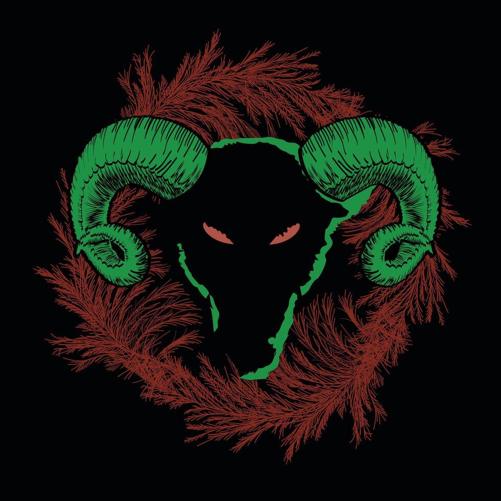 T-shirt design of a goat head with horns on red branches on a black background. satanic circle vector