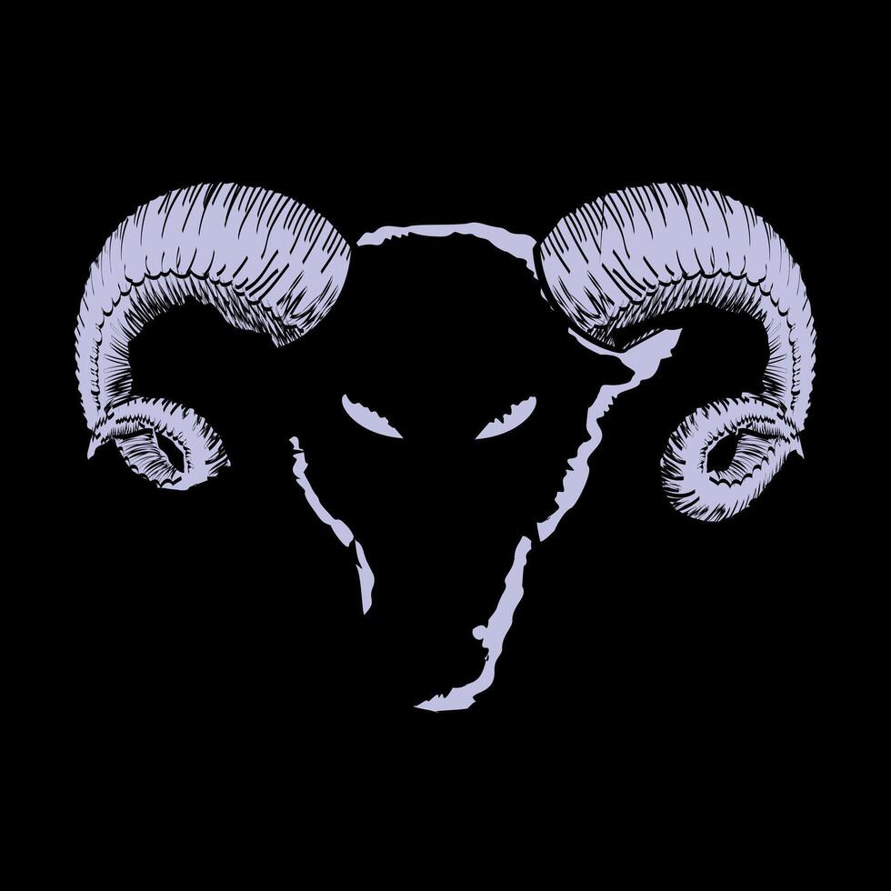 T-shirt design of a goat head with horns on a black background. Satanic animal. vector