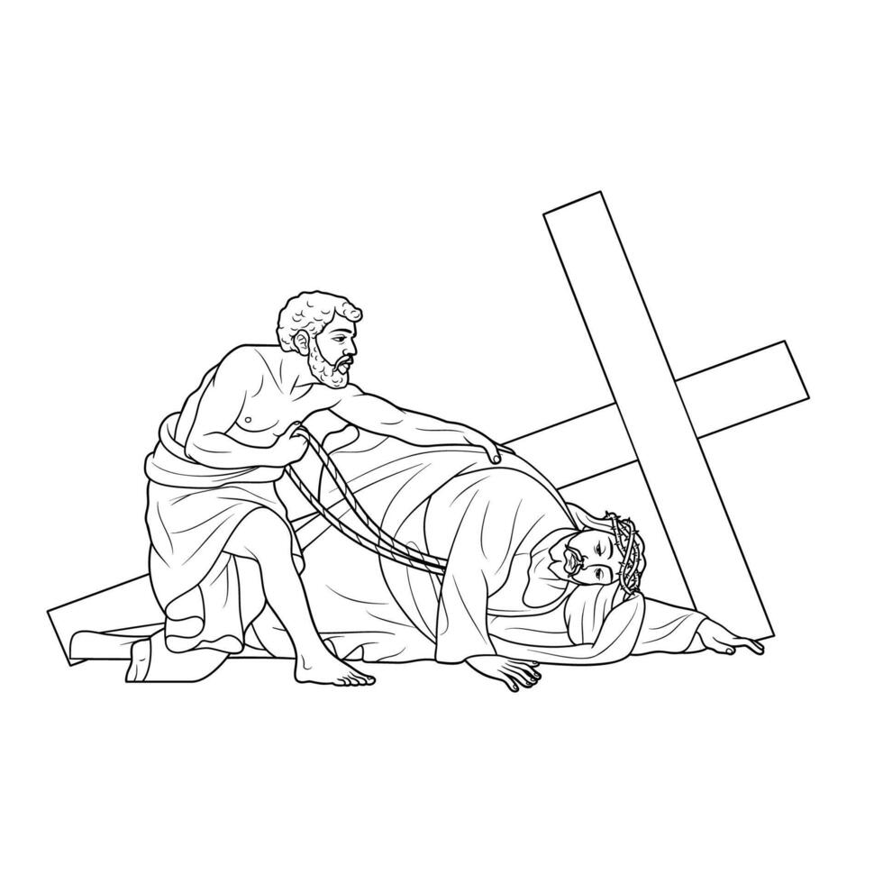 9th Station of the Cross Jesus Christ falls for the third time Vector Illustration Monochrome Outline