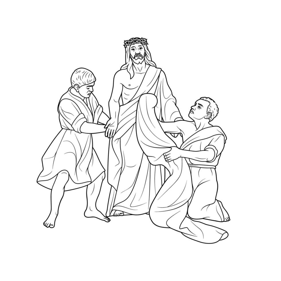 10th Station of the Cross Jesus Christ is stripped of his clothes Vector Illustration Monochrome Outline