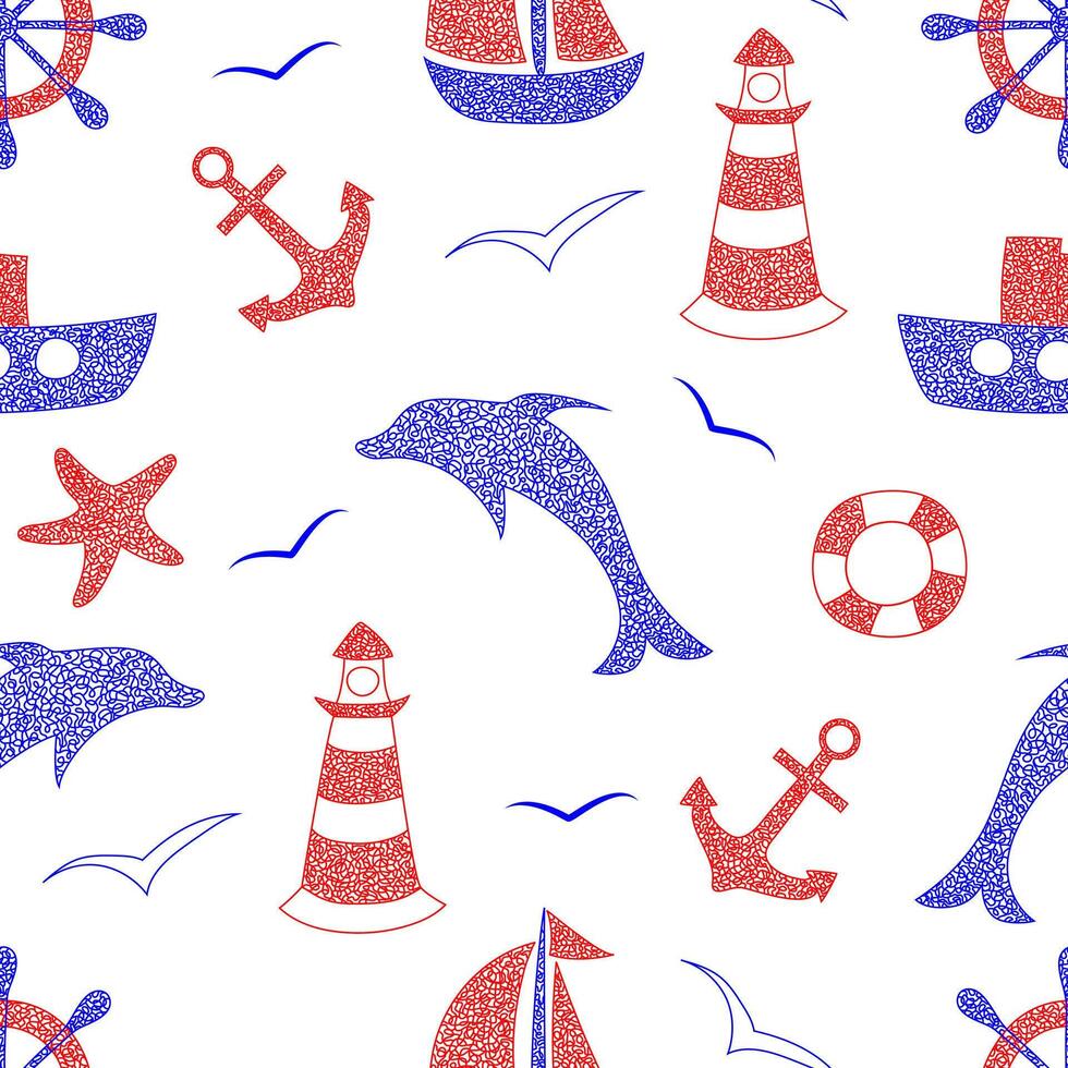 Seamless pattern with hand drawn anchor, dolphin,ship, lighthouse, sailboat, hand wheel, helm on white background in childrens naive style. vector