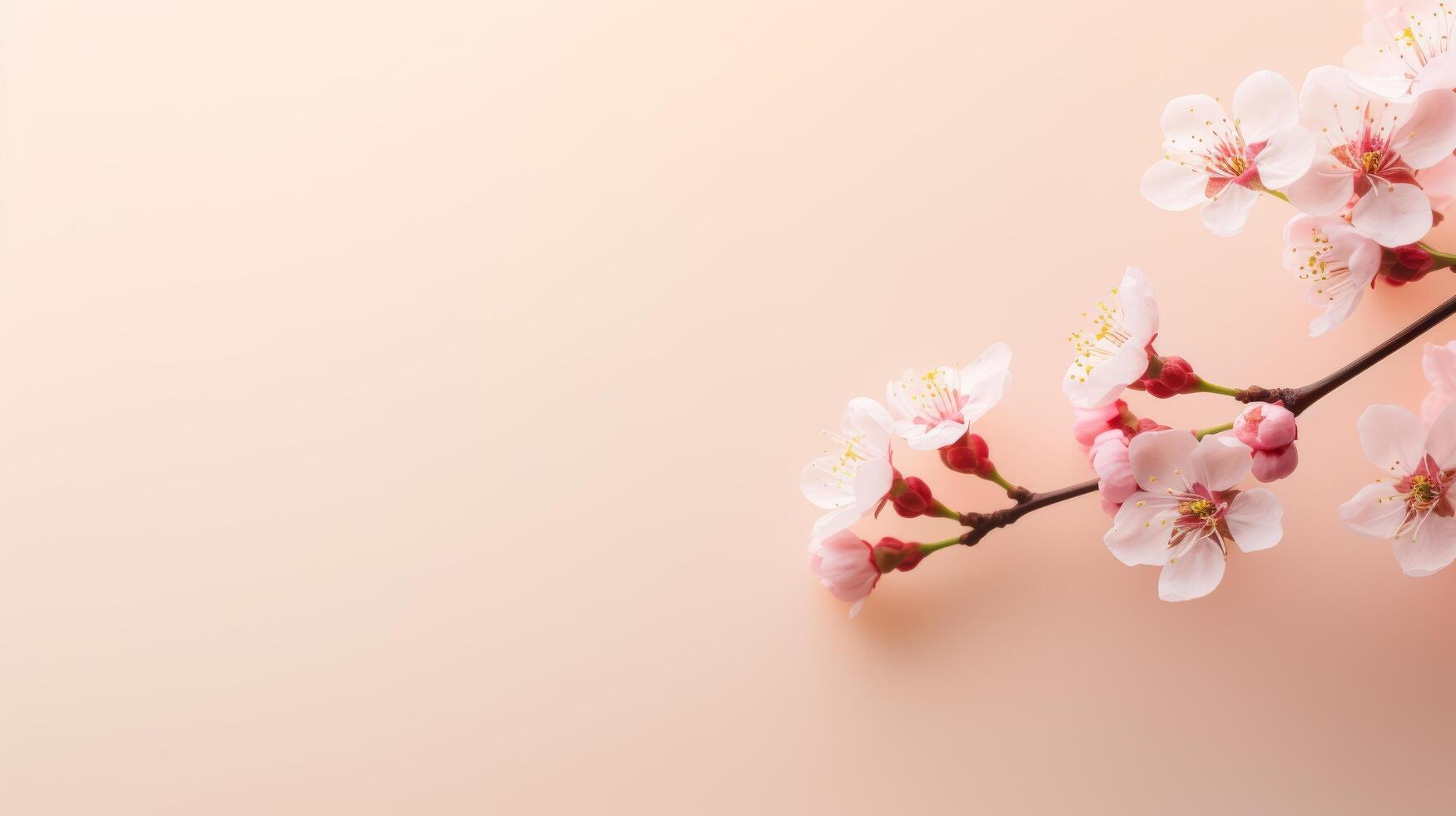 AI generated A stunning cherry blossom branch adorns the left side of a minimalist light pink background, leaving ample space for text. photo