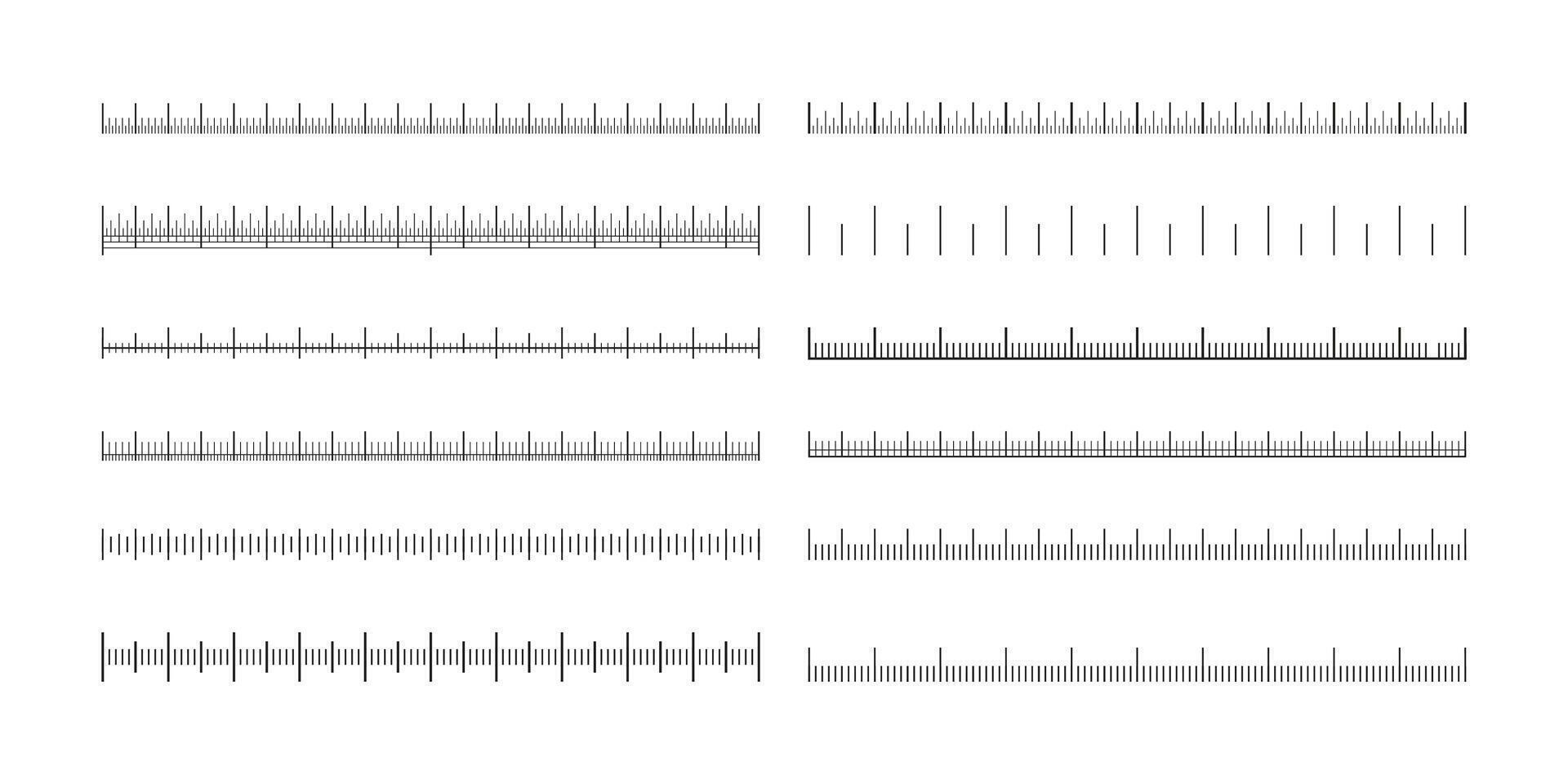 Measuring scales. Line ruler tape with meter centimeter inch marks, measurement equipment with size indicators, math geometric tools. Vector isolated set