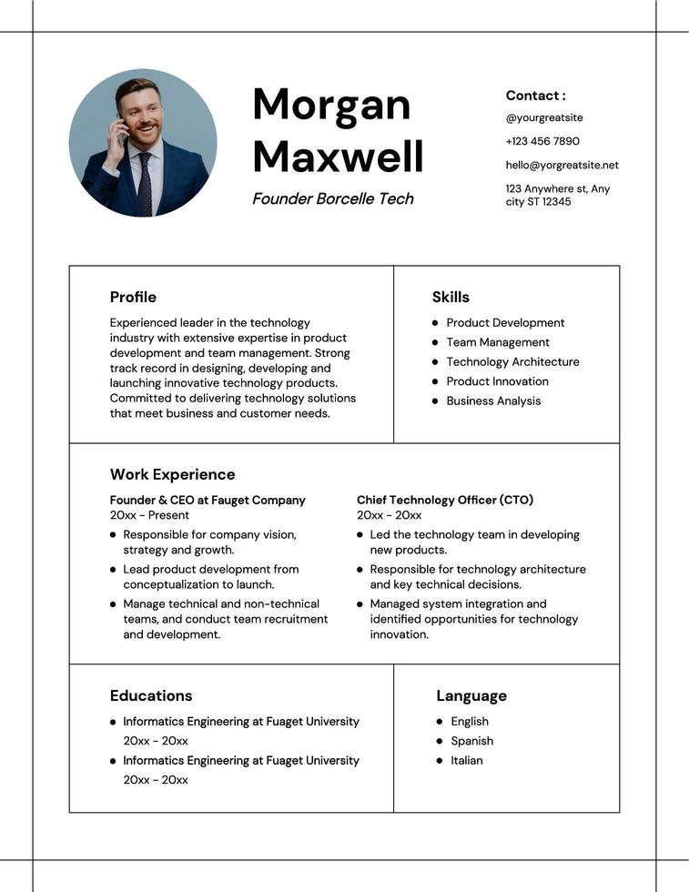 white minimalist tech founder company resume template