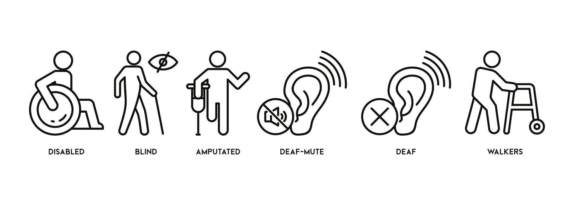 invalidez bandera web icono vector ilustración concepto con icono de desactivado, ciego, amputado, sordomudo, sordo, caminantes