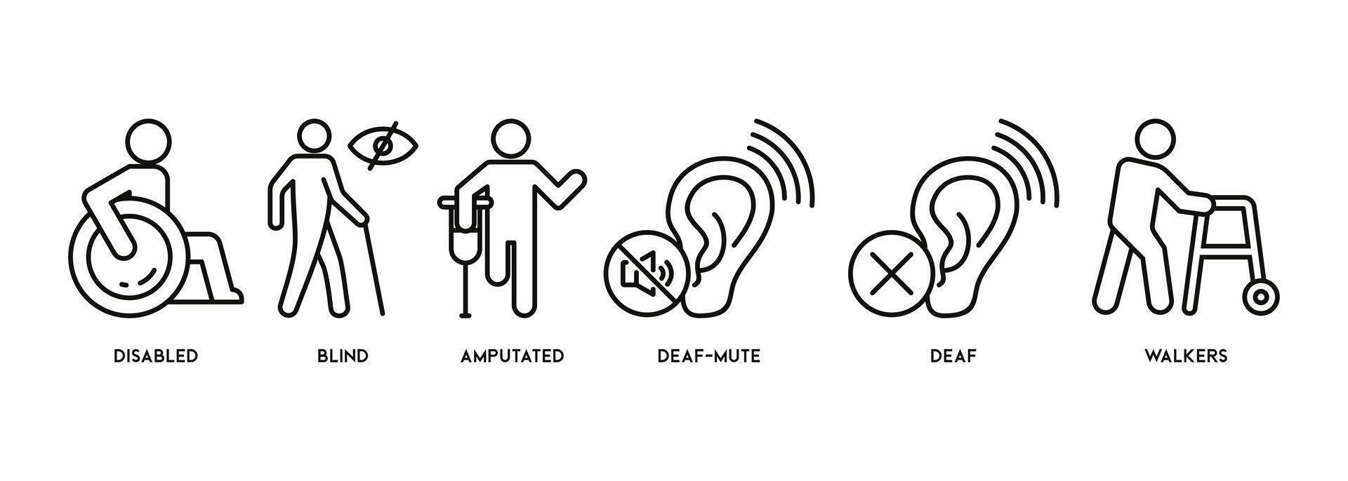 Disability banner web icon vector illustration concept with icon of disabled, blind, amputated, deaf-mute, deaf, walkers