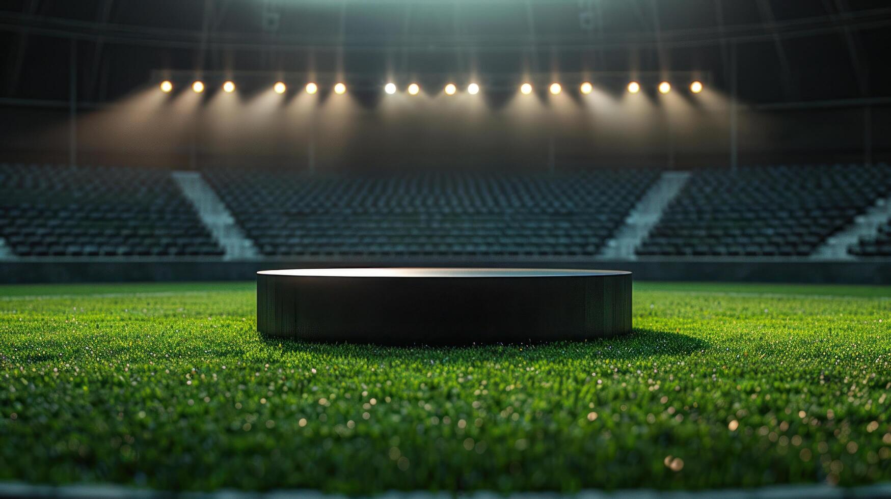 AI generated In the middle of a stadium sits a podium, encircled by empty seats and flashes of light photo