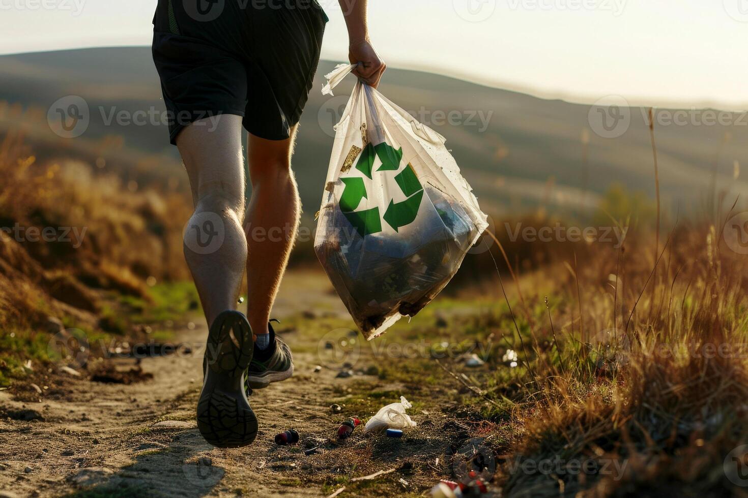 AI generated hands man runner holding a recycling trach bag filled with various recyclable items ..Environment Day concept. Generative AI photo