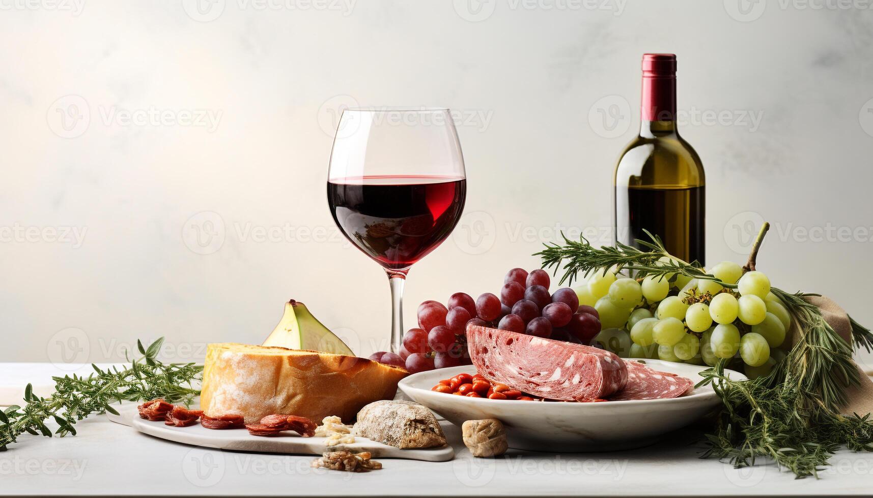 AI generated A gourmet meal with wine, meat, and fresh fruit generated by AI photo