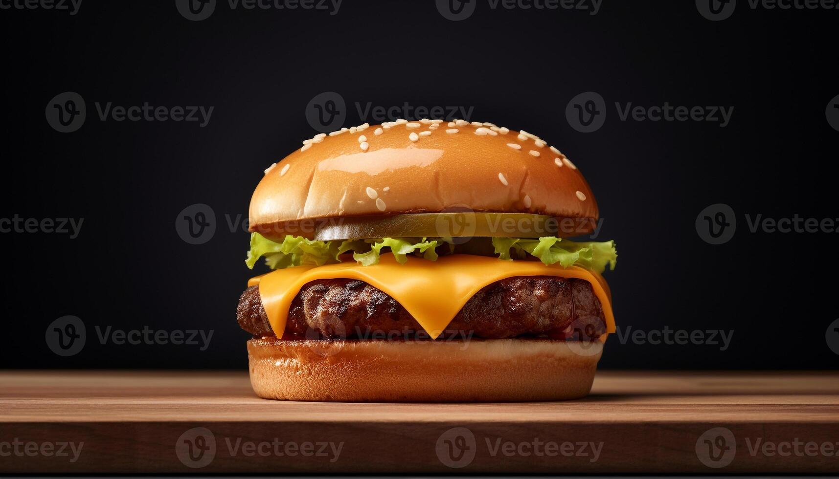 AI generated Grilled beef burger on wooden table, unhealthy gourmet fast food generated by AI photo