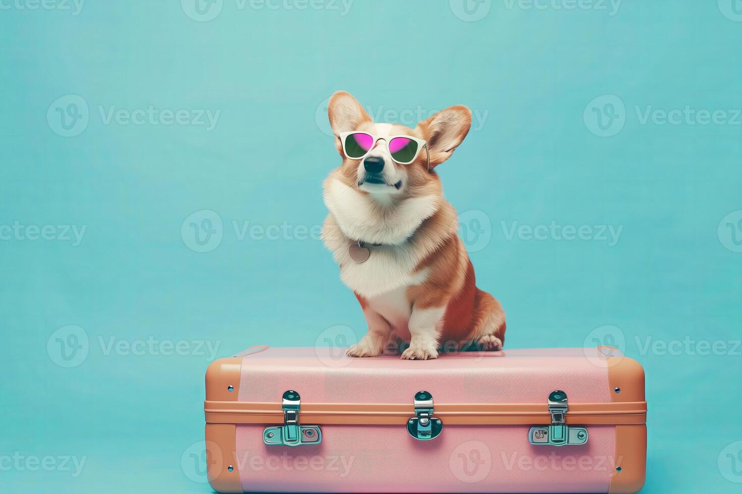 AI generated corgi dog wearing holographic sunglasses sitting on top of pastel pink modern suitcase, travel concept photo