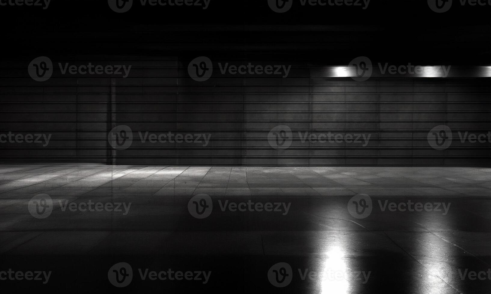 Empty space of parking bricks cement floor with grey color rolling shutter door background in 3D illustration. photo