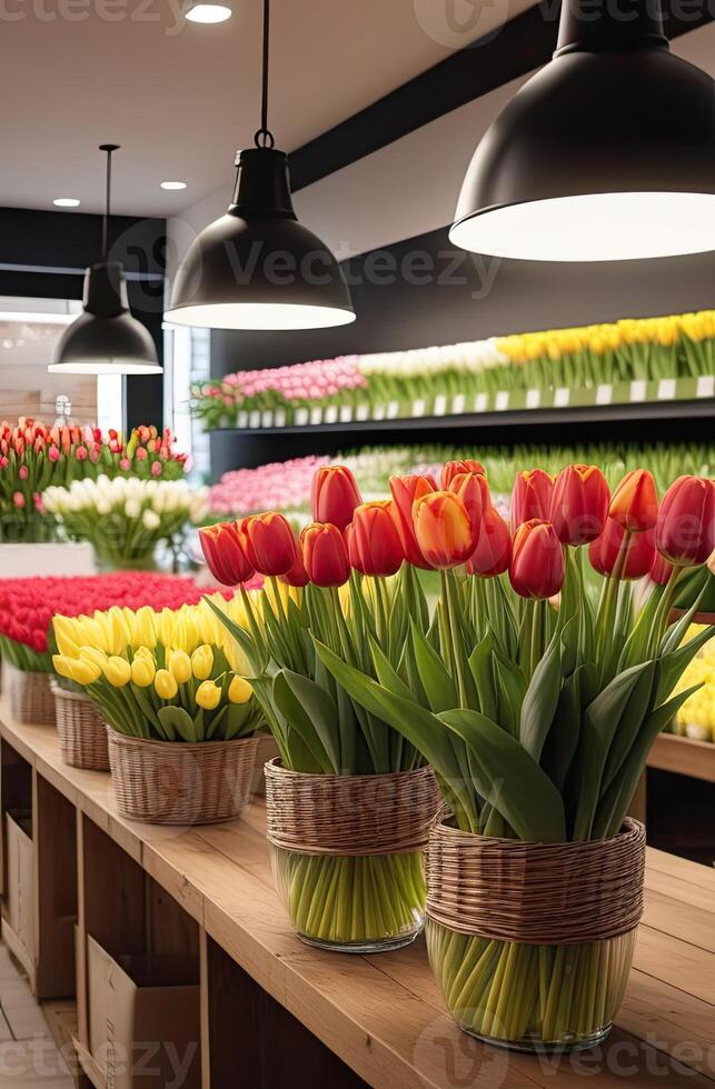 ai generado vistoso ramos de flores de tulipanes en un flor tienda - Fresco cortar flores en cajas y floreros en un almacén y bastidores para venta, entrega para el día festivo. primavera, marzo 8, De las mujeres día, cumpleaños. foto