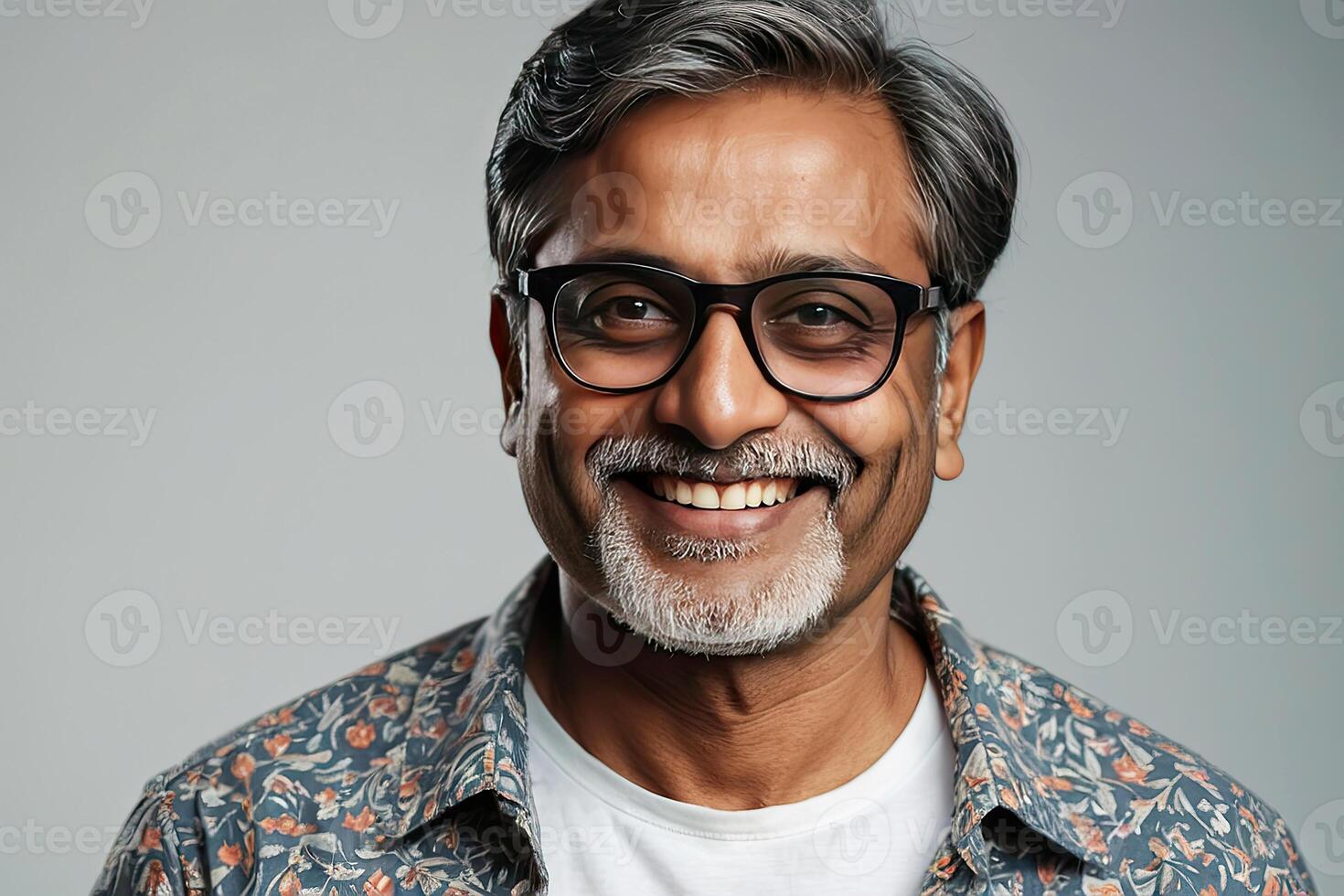 AI generated Adult happy Indian man wearing eyeglasses on a gray solid background with copy space. AI generated photo